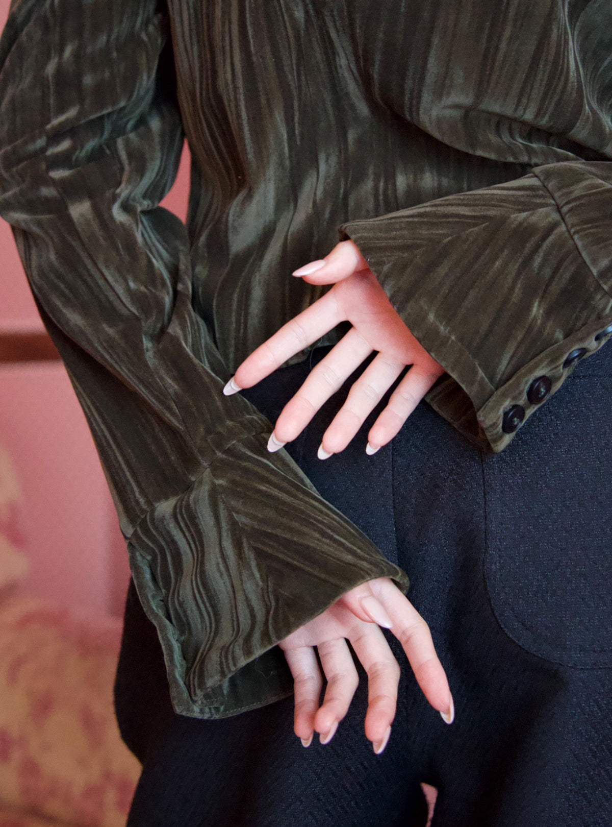 Velour Ribbon Tie Blouse