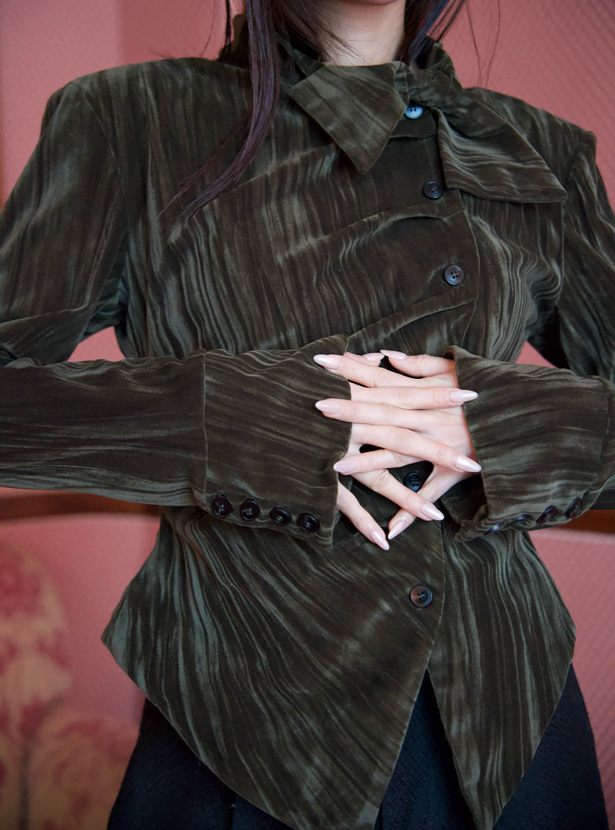 Velour Ribbon Tie Blouse