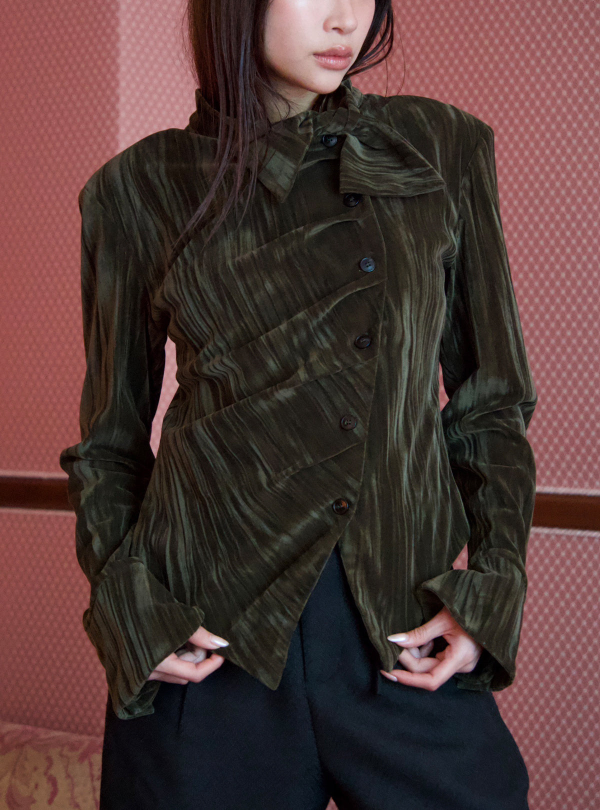 Velour Ribbon Tie Blouse