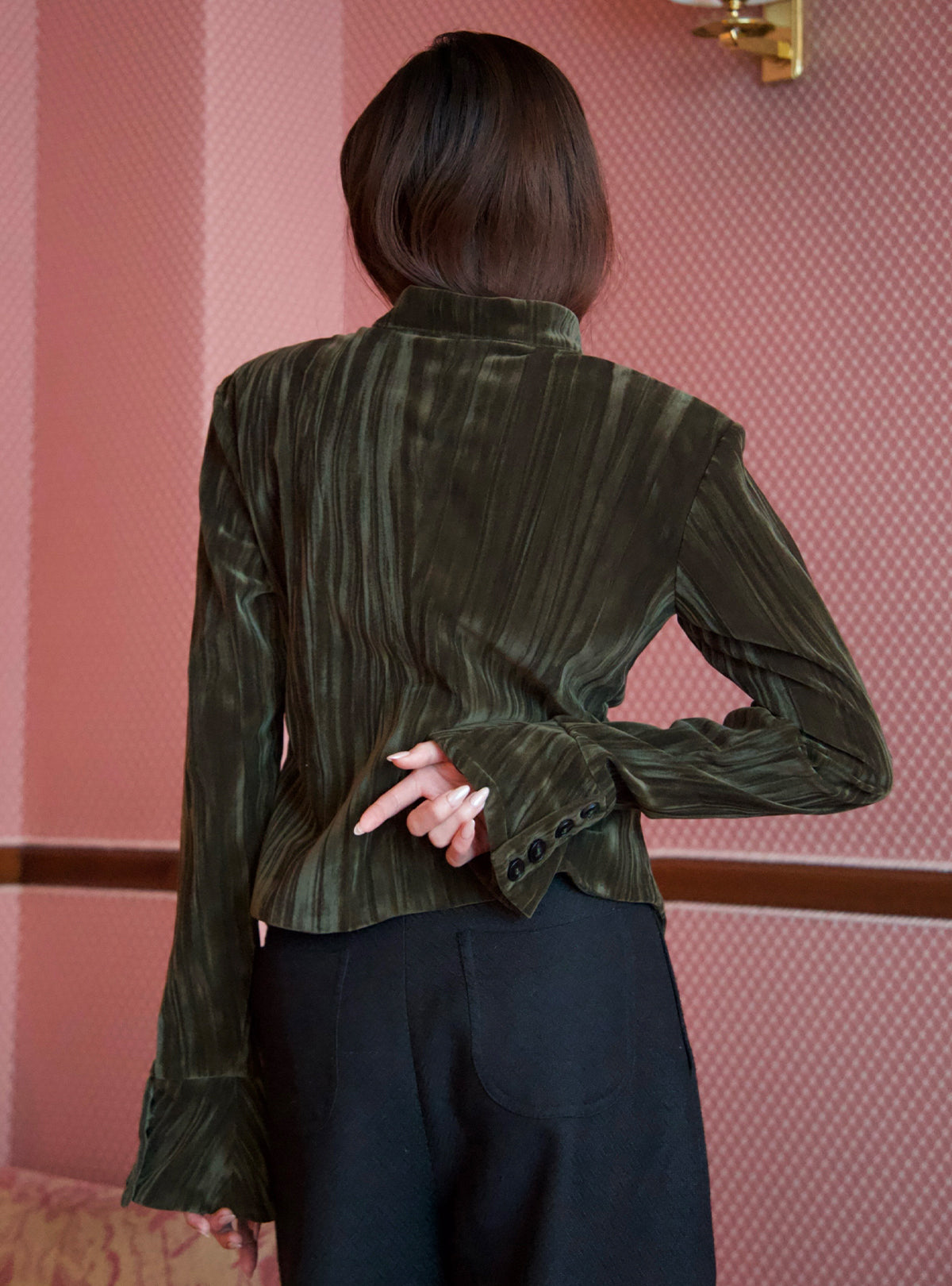 Velour Ribbon Tie Blouse