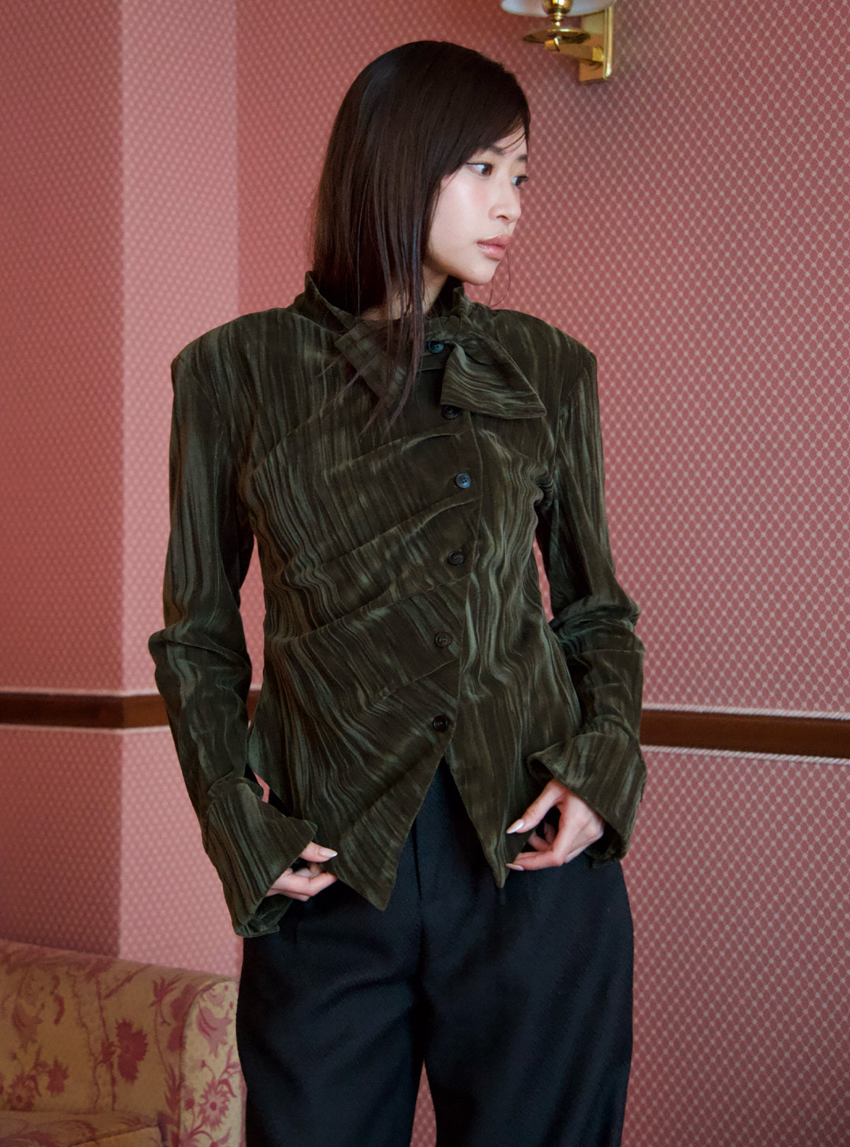 Velour Ribbon Tie Blouse