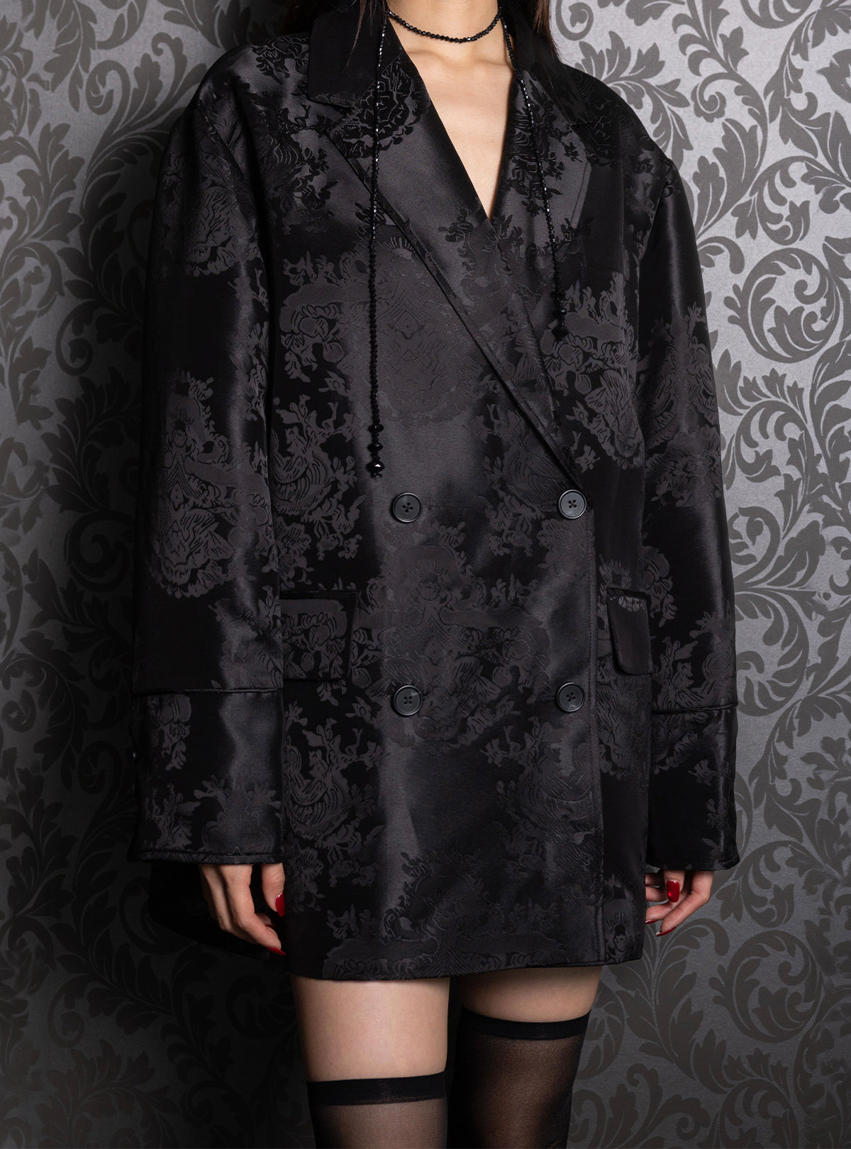 ジャケット・アウター juemi Satin Jacquard Over Jacket BLACK Satin Jacquard Over Jacket – JUEMI