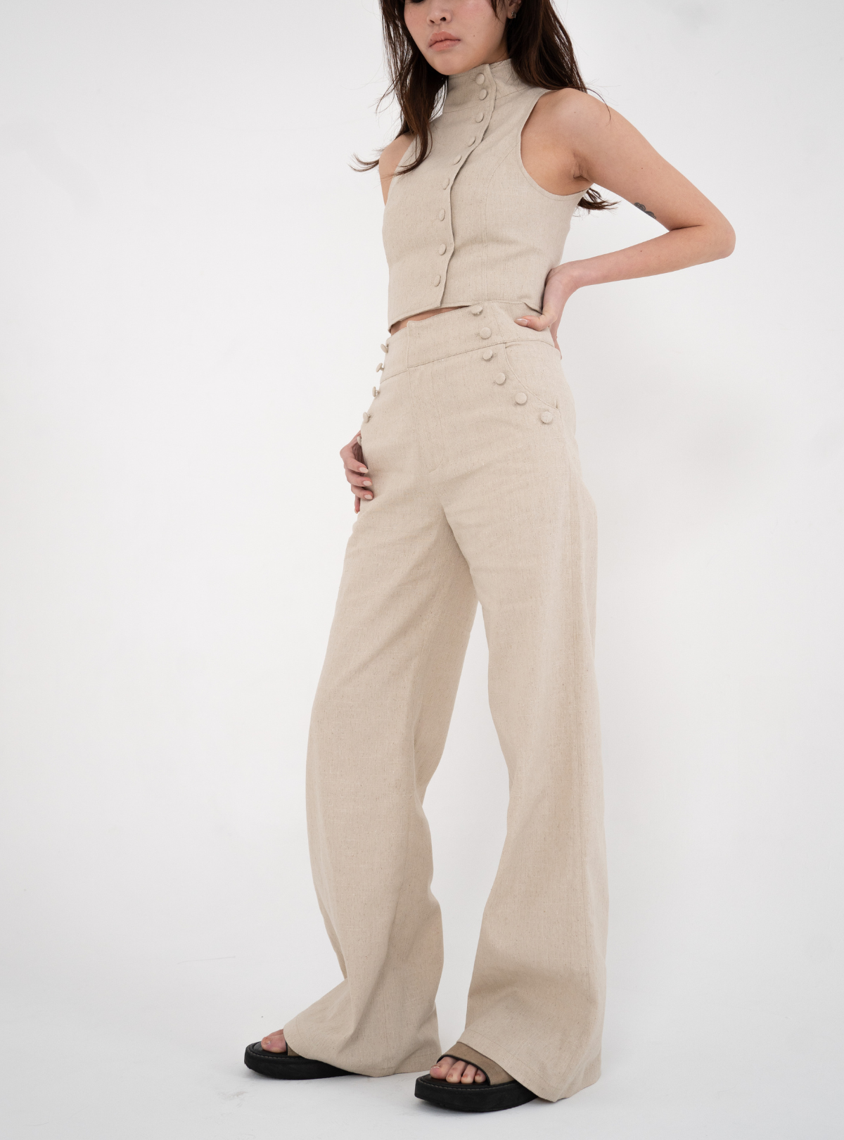 Covered Button Marine Flare Pants