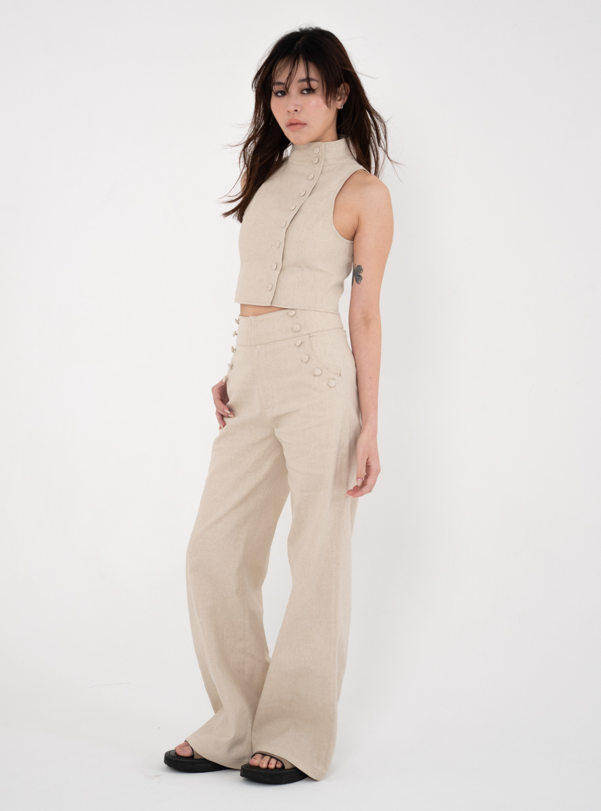 Covered Button Marine Flare Pants