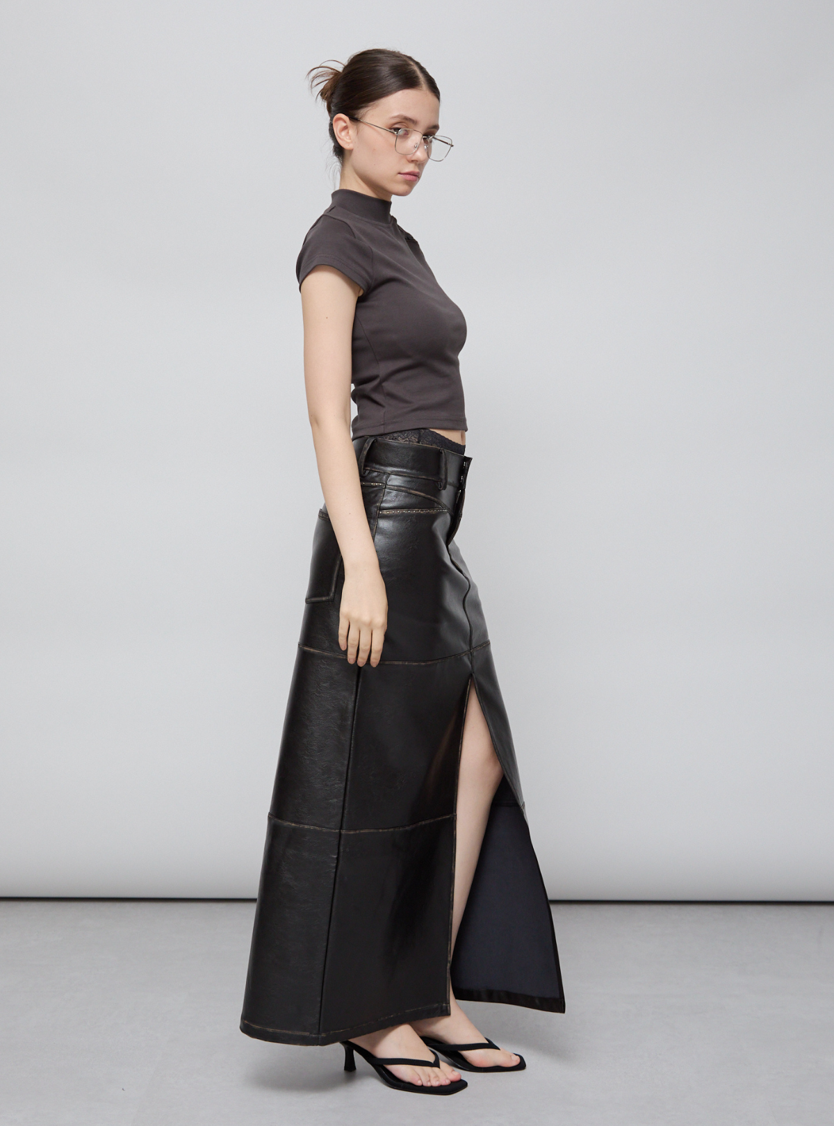 Faux Leather Slit Long SK