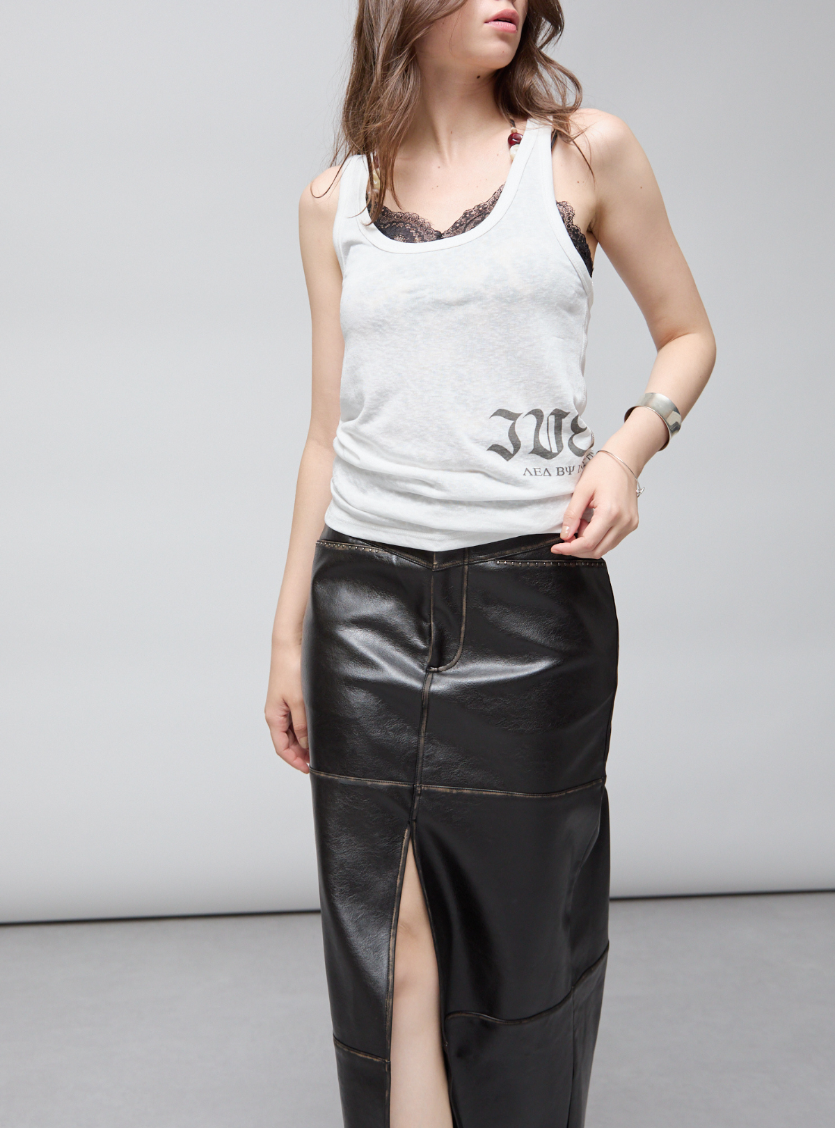 Faux Leather Slit Long SK