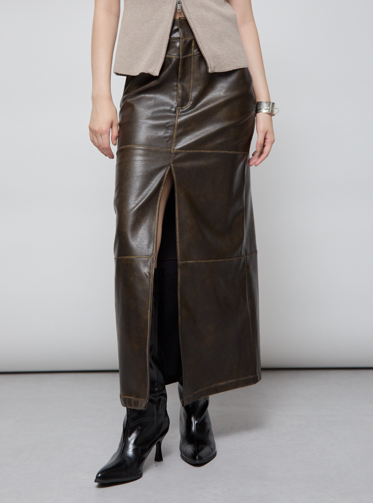 Faux Leather Slit Long SK