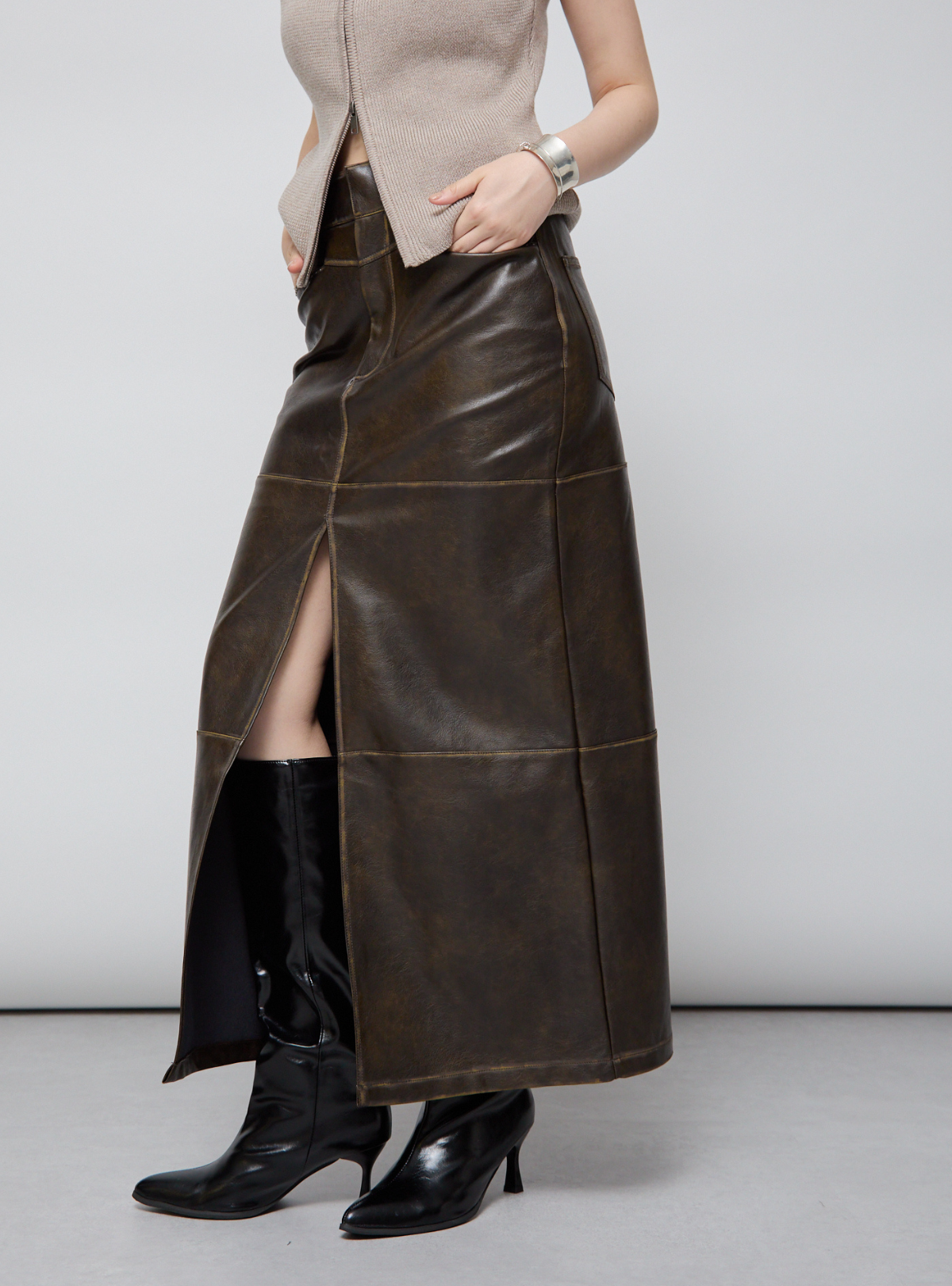 Faux Leather Slit Long SK
