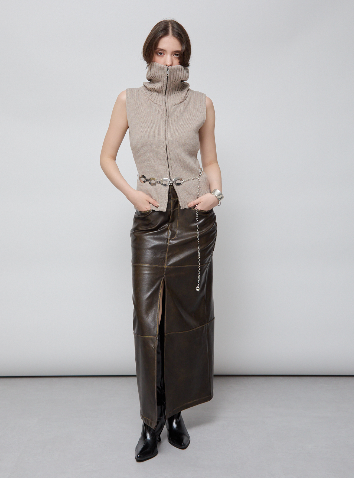 Faux Leather Slit Long SK