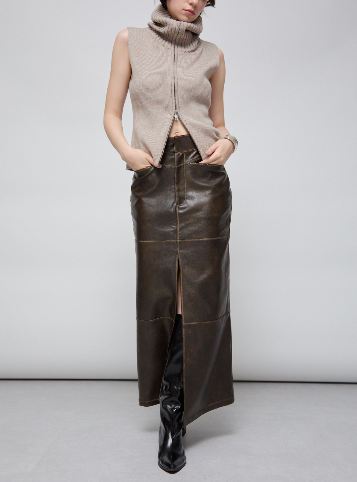 Faux Leather Slit Long SK