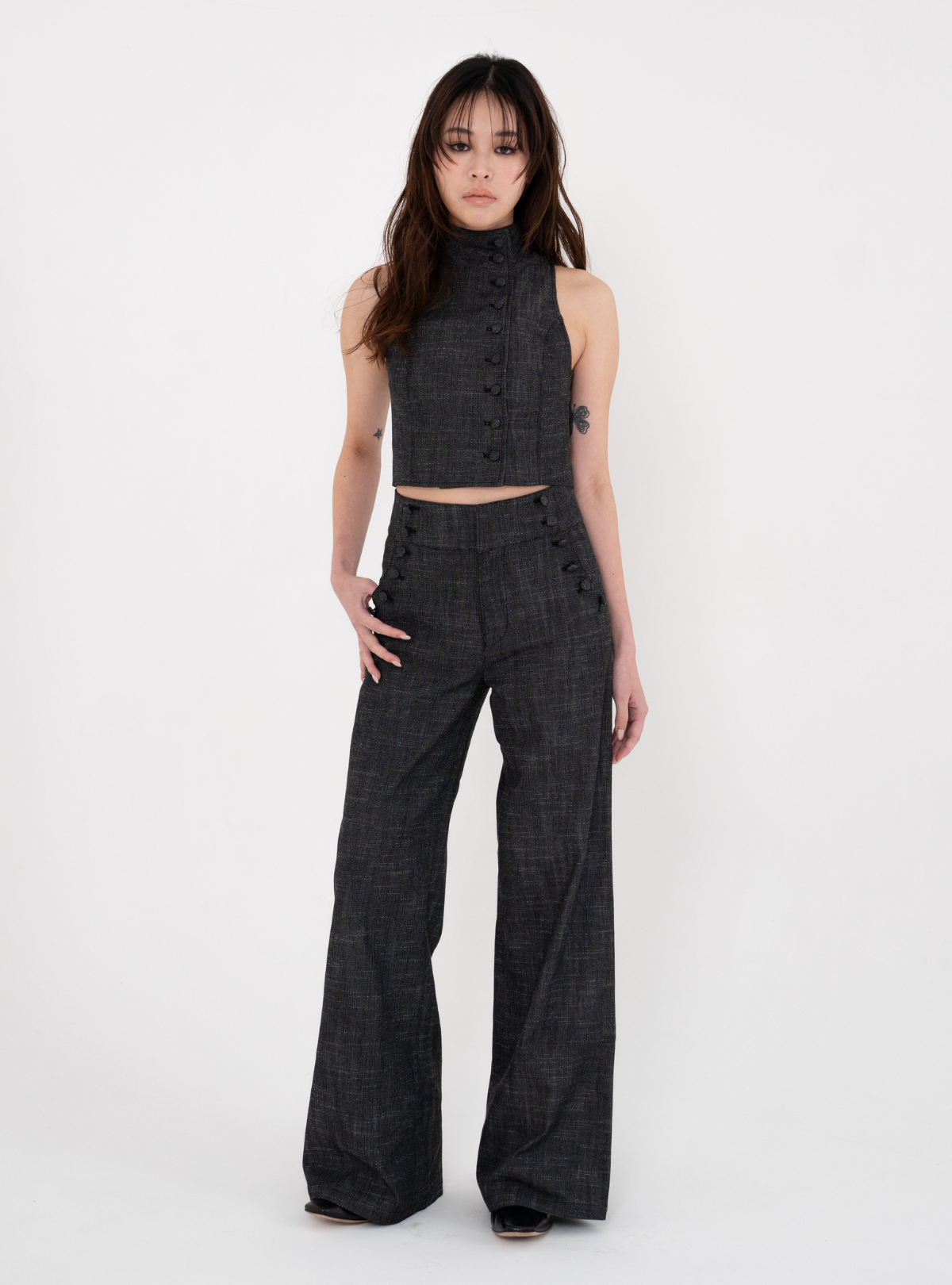 Covered Button Stand Neck Vest