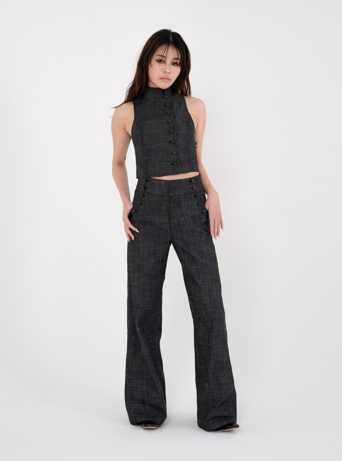 Covered Button Stand Neck Vest