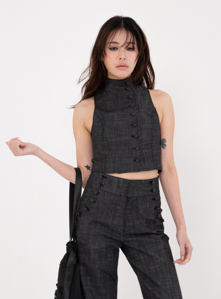 Covered Button Stand Neck Vest