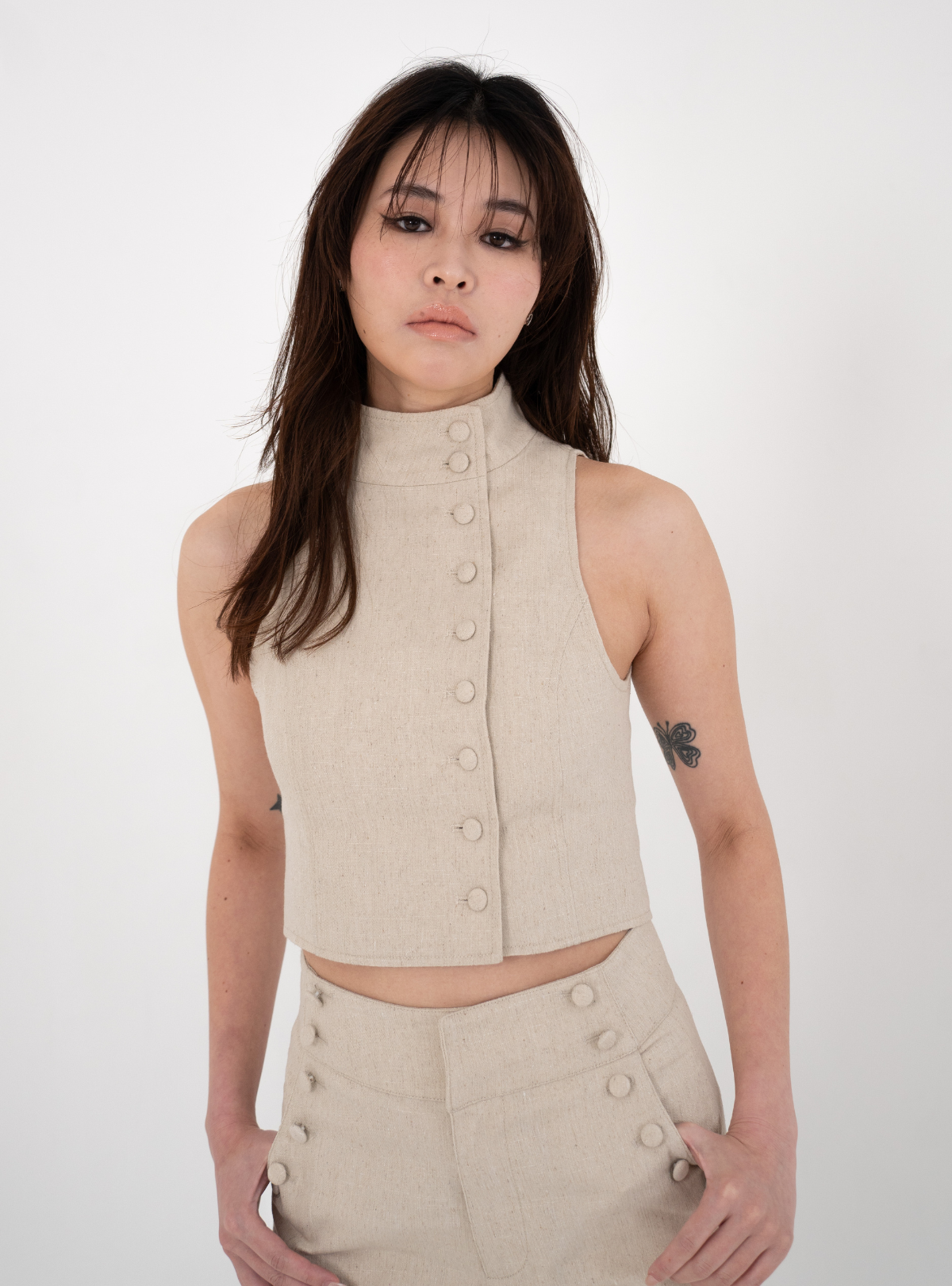 Covered Button Stand Neck Vest