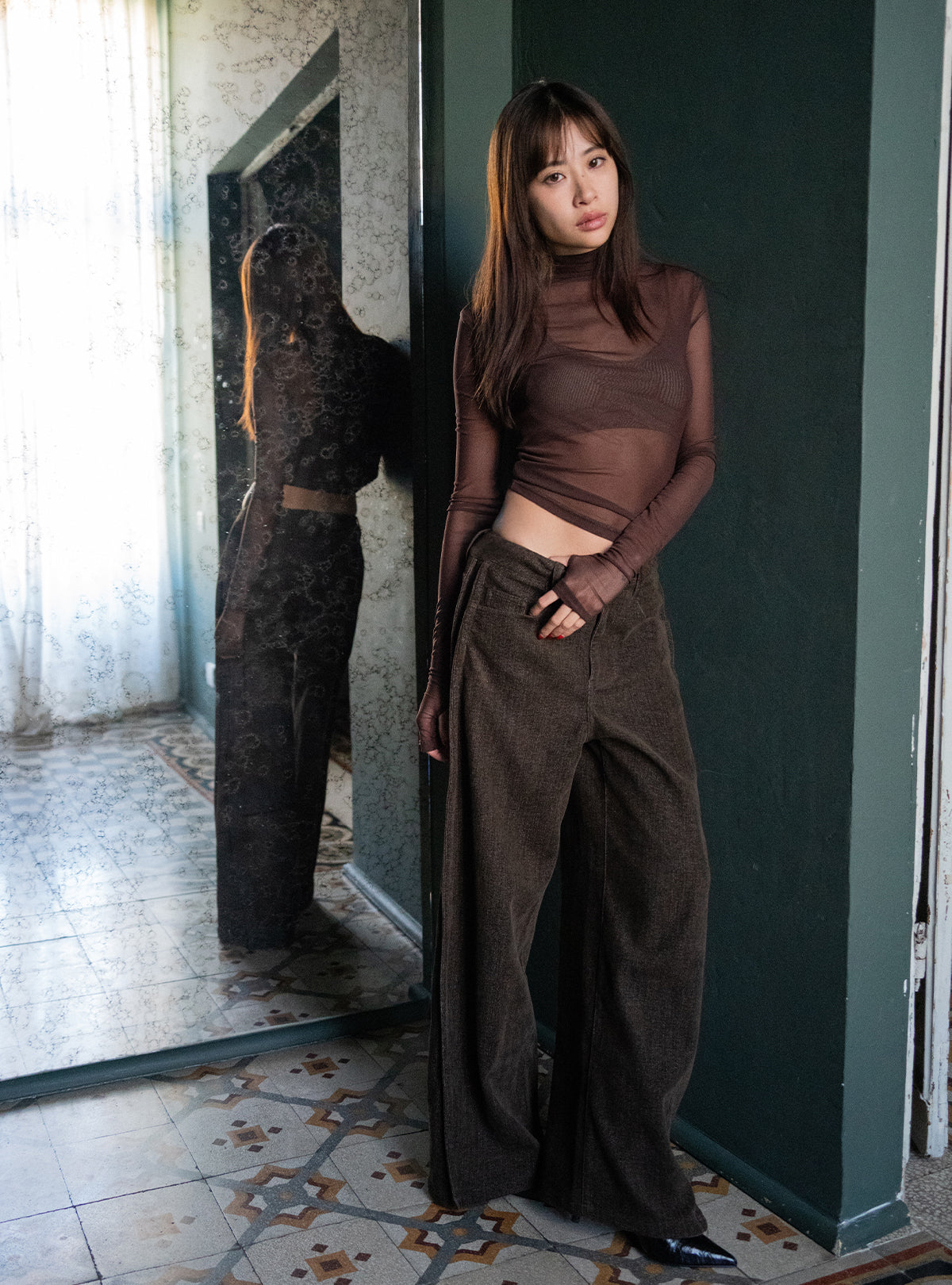 Side Tucked Peach Skin Denim